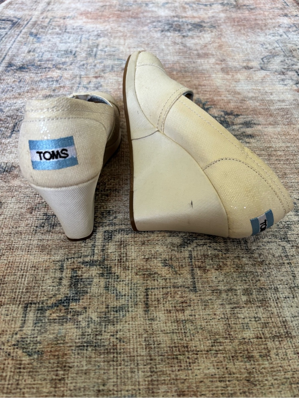 TOMS Women's Cream Glitter Peep-Toe Wedge Shoes - Picture 16 of 16